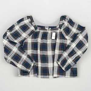 GAP Cottagecore Peasant Blouse Women L Navy Green Red Plaid‎ Long Sleeve Top NWT